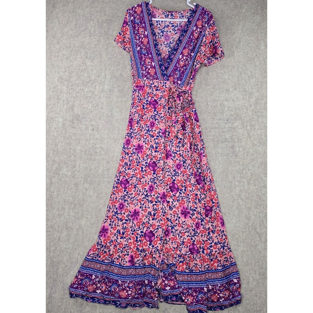 Floral Pink & Purple Maxi Dress M Cotton/Polyester Blend Short Sleeves V-Neck